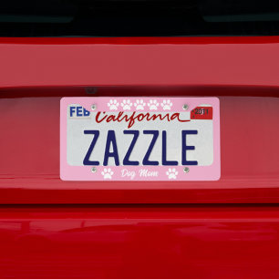 Dog Mom Script Typography Paw Prints Pink White License Plate Frame