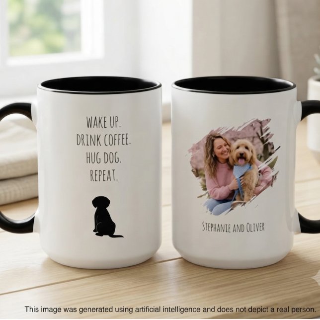 Dog Mom Wake Up Drink Coffee Repeat Mug (Two-tone dog mom photo mug with a funny morning routine quote for a pet lover's birthday gift.)