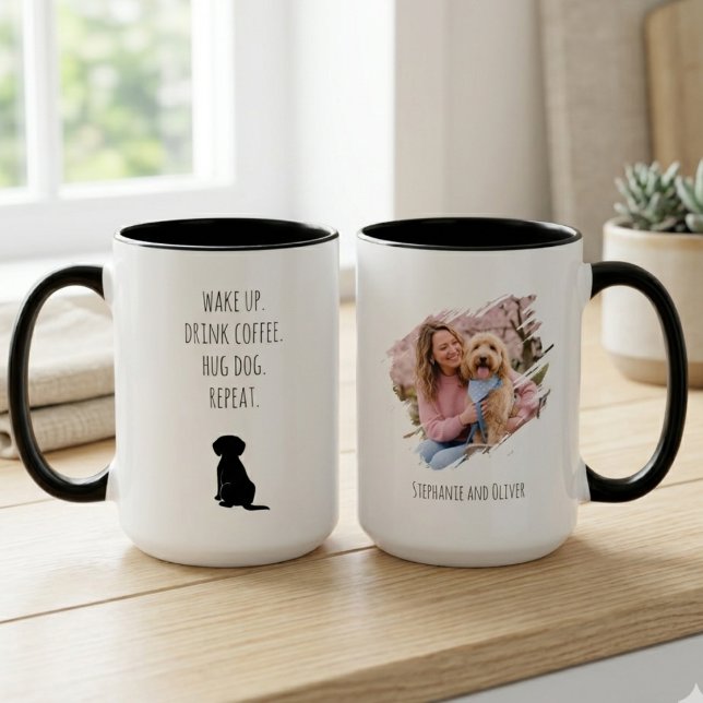 Dog Mom Wake Up Drink Coffee Repeat Mug (Two-tone dog mom photo mug with a funny morning routine quote for a pet lover's birthday gift.)