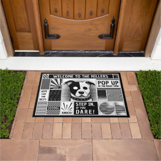 Dog motif in bento grid pop art style black white doormat