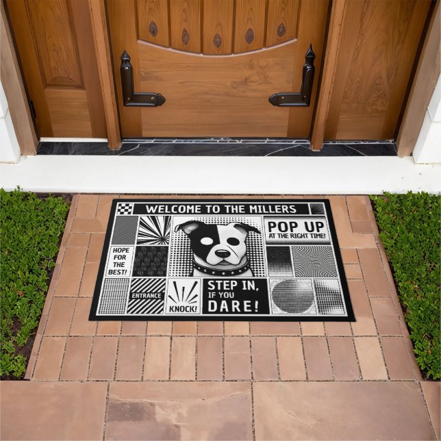 Dog motif in bento grid pop art style black white doormat (Outdoor)