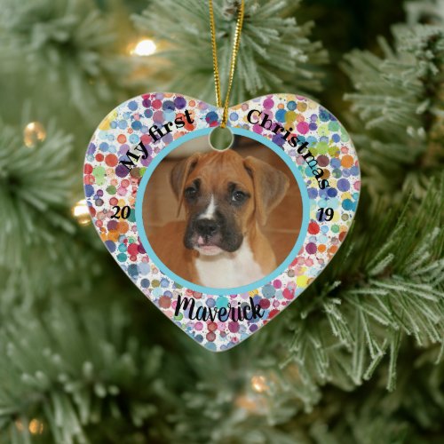 Dog My First Christmas Puppy Photo Name Heart Ceramic Ornament