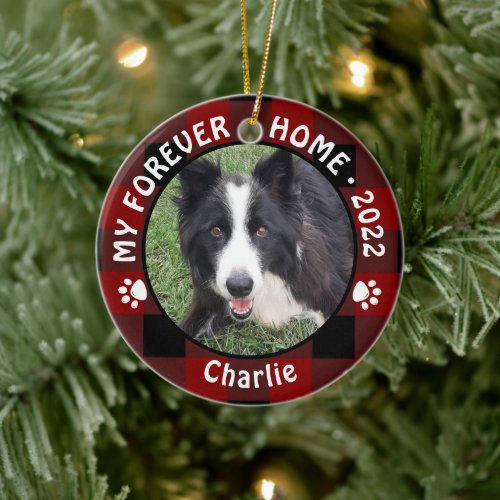 Dog MY FOREVER HOME Red Buffalo Plaid Photo Name Ceramic Ornament