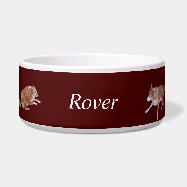Dog Name and Eight Photo Cutouts of Ginger Dog Red Bowl (Front)