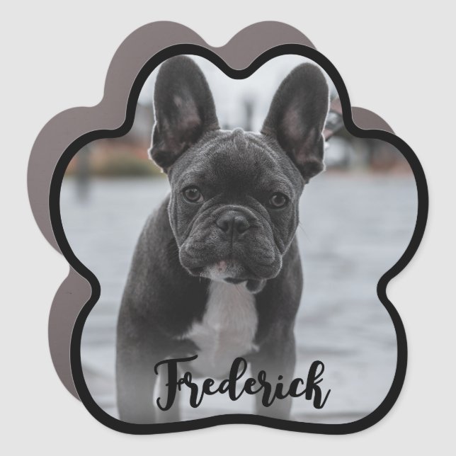 Dog Name Black Script Paw Print Photo  Car Magnet (Front)