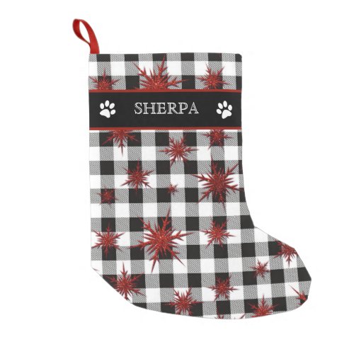 Dog Name Black White Plaid Red Glitter Snowflakes  Small Christmas Stocking