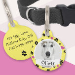 Dog Name Custom Photo Cute Paw prints on Yellow Pet ID Tag<br><div class="desc">This cute pet tag features black paw prints and pink hearts pattern on yellow color, with custom dog photo and name. • Personalize it with pet's name and your contacts, delete text, replace the template photo or customize further - edit text fonts and color, move/delete elements and more, or transfer...</div>