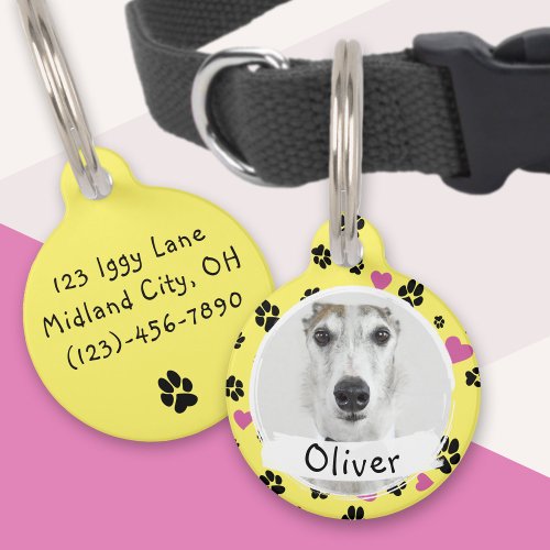 Dog Name Custom Photo Cute Paw prints on Yellow Pet ID Tag