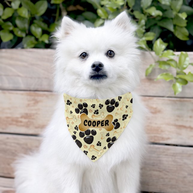 Dog Name Pawprint Bones Fun Pattern Pet Bandana Collar (Dog)