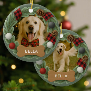 Dog Name Photo Holiday Christmas Wreath Ceramic Ornament