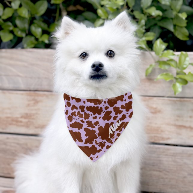 Dog Name Purple Lilac Brown Cow Pattern Pet Bandana Collar (Dog)