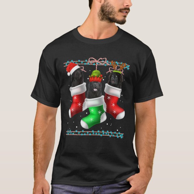 Dog Newfoundland Christmas Socks Funny Xmas Pajama T-Shirt (Front)
