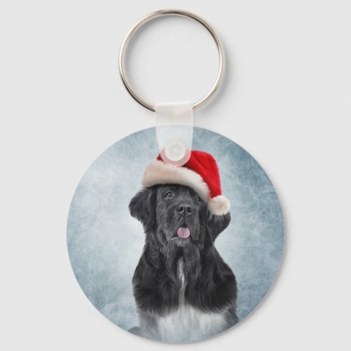 Dog Newfoundland in red hat of Santa Claus Keychain