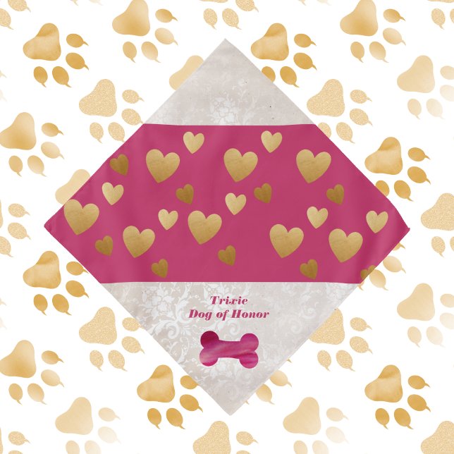 Dog of Honor Gold and Fuchsia Paw Prints Wedding Bandana (Creator Uploaded)