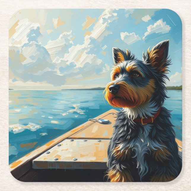 Dog on a boat square paper coaster (Front)