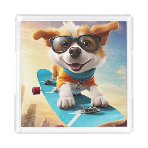 Dog on a skateboard acrylic tray