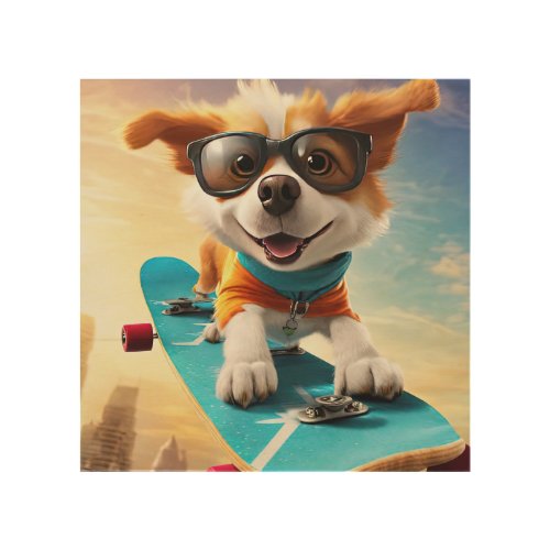 Dog on a skateboard wood wall art