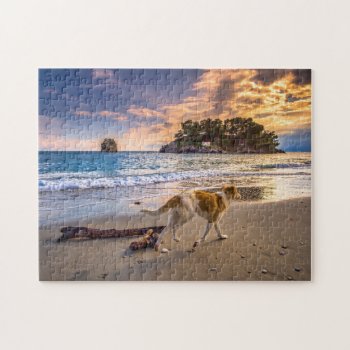 Dog On Beach At Sunset Jigsaw Puzzle by RiverJude at Zazzle