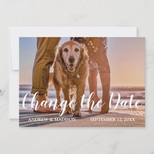 Dog on Beach Change the Date Postponed Wedding Save The Date