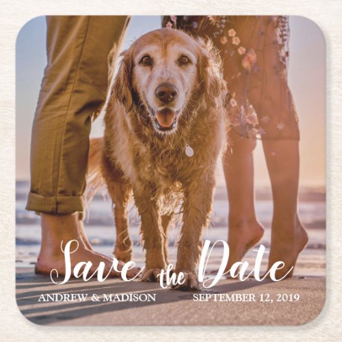 Dog on Beach with Couple Save the Date Square Paper Coaster