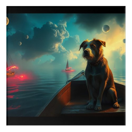 Dog on boat acrylic print