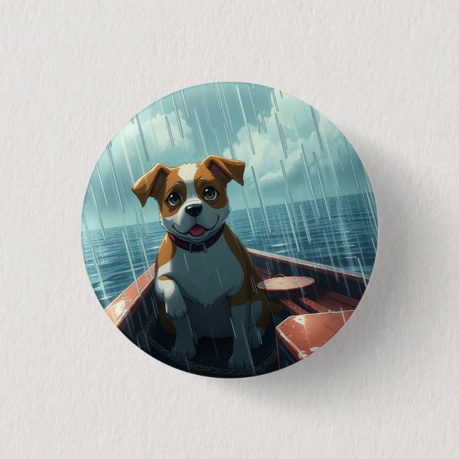 Dog on boat in ocean during rain button (Front)