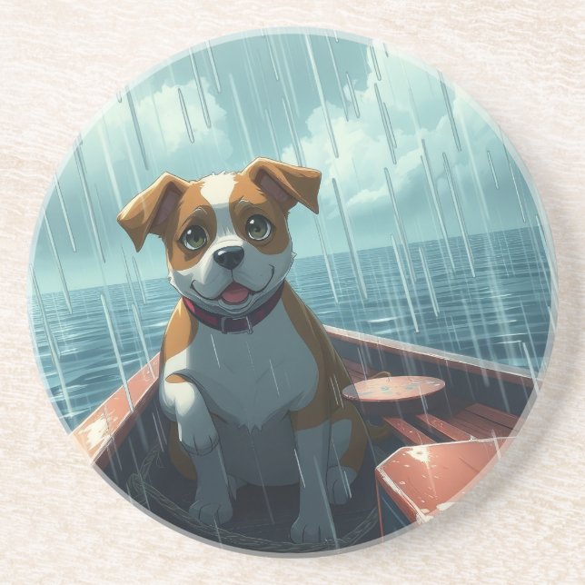 Dog on boat in ocean during rain coaster (Front)