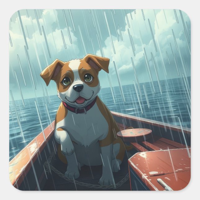 Dog on boat in ocean during rain square sticker (Front)