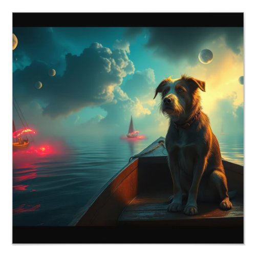 Dog on boat photo print