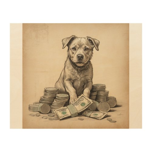 Dog on Money Wood Wall Art