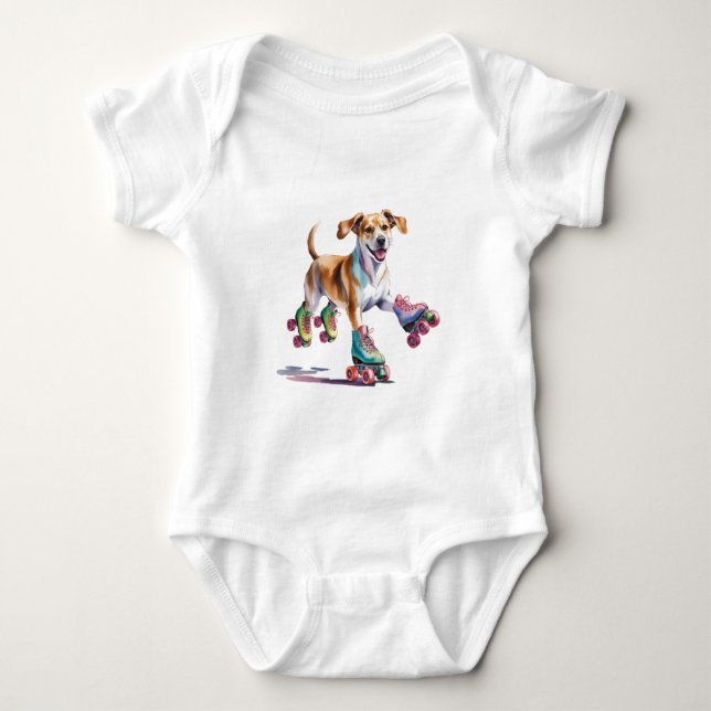 Dog On Roller Skates Watercolor Baby Bodysuit (Front)