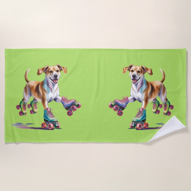 Dog On Roller Skates Watercolor Beach Towel (Front)