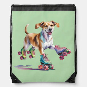 Dog On Roller Skates Watercolor Drawstring Bag