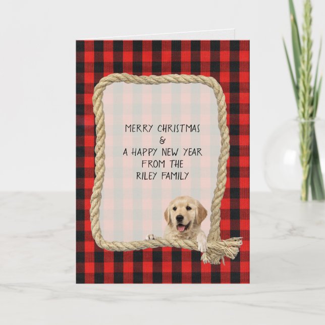 dog on rope frame with  lumberjack plaid Christmas Card (Front)