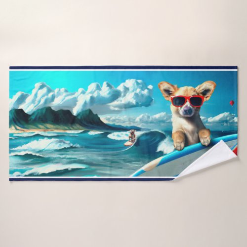 Dog on Surfboard Wearing Sunglasses AI Art Bath Towel Set