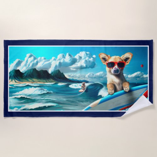 Dog on Surfboard Wearing Sunglasses AI Art Beach Towel