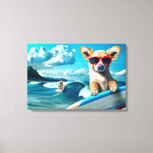 Dog on Surfboard Wearing Sunglasses AI Art Canvas Print