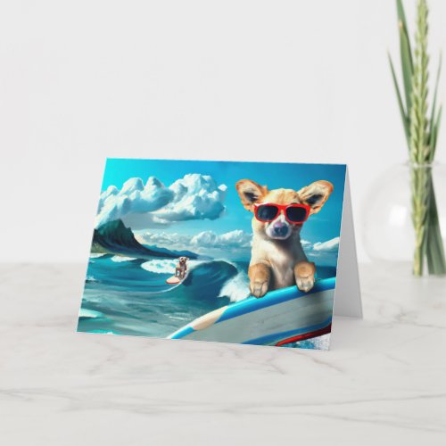 Dog on Surfboard Wearing Sunglasses AI Art Card