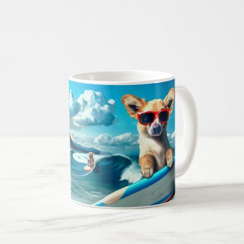 Dog on Surfboard Wearing Sunglasses AI Art Coffee Mug