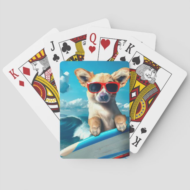 Dog on Surfboard Wearing Sunglasses AI Art Poker Cards (Back)