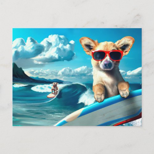 Dog on Surfboard Wearing Sunglasses AI Art Postcard