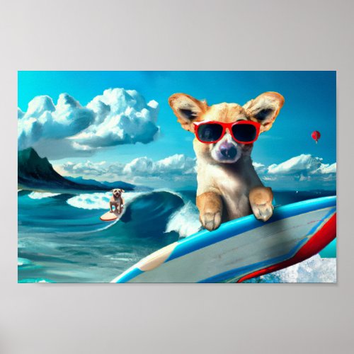 Dog on Surfboard Wearing Sunglasses AI Art Poster