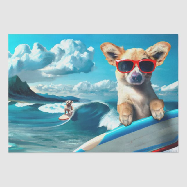Dog on Surfboard Wearing Sunglasses AI Art Tissue Paper (Front)