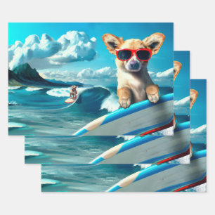Dog on Surfboard Wearing Sunglasses AI Art Wrapping Paper Sheets
