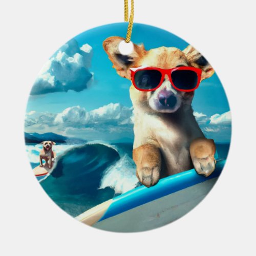 Dog on Surfboard with Sunglasses AI Art Christmas Ceramic Ornament