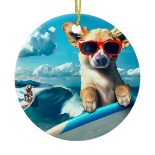 Dog on Surfboard with Sunglasses AI Art Christmas Ceramic Ornament