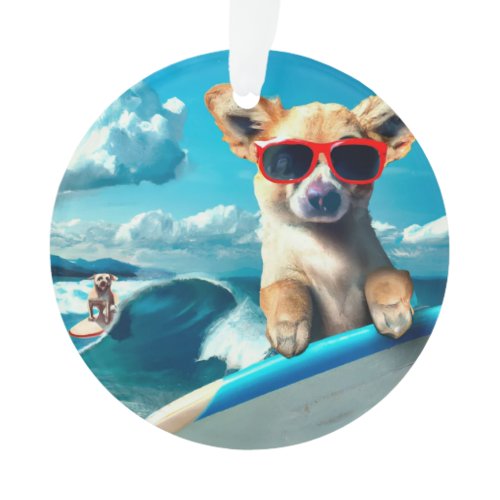 Dog on Surfboard with Sunglasses AI Art Christmas Ornament