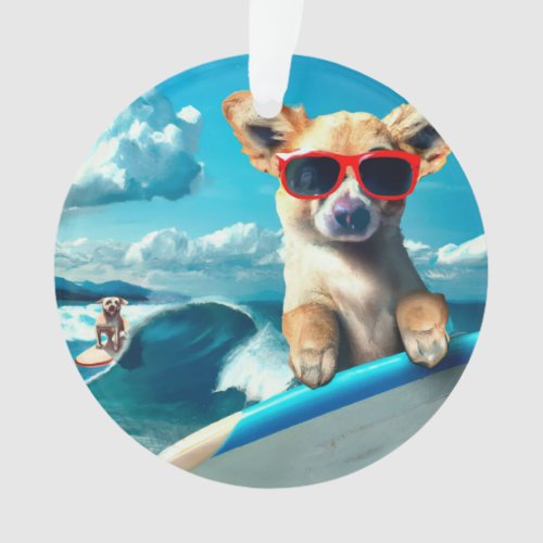 Dog on Surfboard with Sunglasses AI Art Christmas Ornament