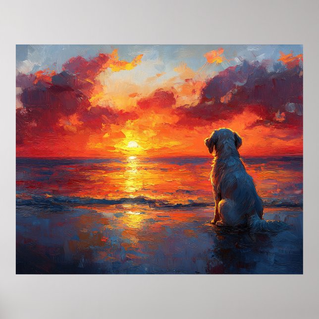 Dog on the Beach Watching the Sunset Poster (Front)