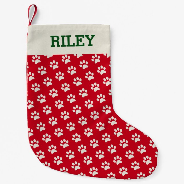 Dog Or Cat Name Red Paw Print Personalized Xmas Small Christmas Stocking Zazzle Com
